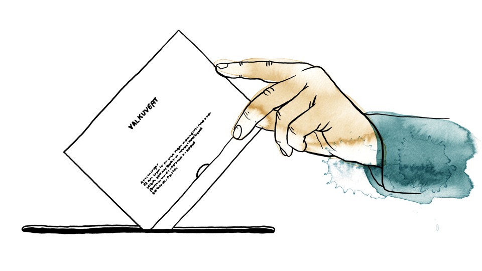 Illustration som visar hand med ett röstkuvert.