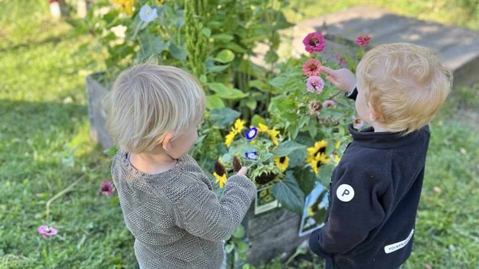 Två barn tittar på blommor i en pallkrage