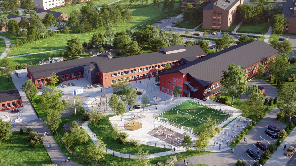 Visualiserad illustration av skolområdet sett från luften, med huskroppar av tegel och skolgård med fotbollsplan.