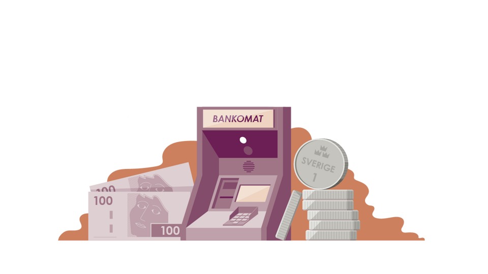 Illustrationen visar en bankomat, sedlar och mynt.