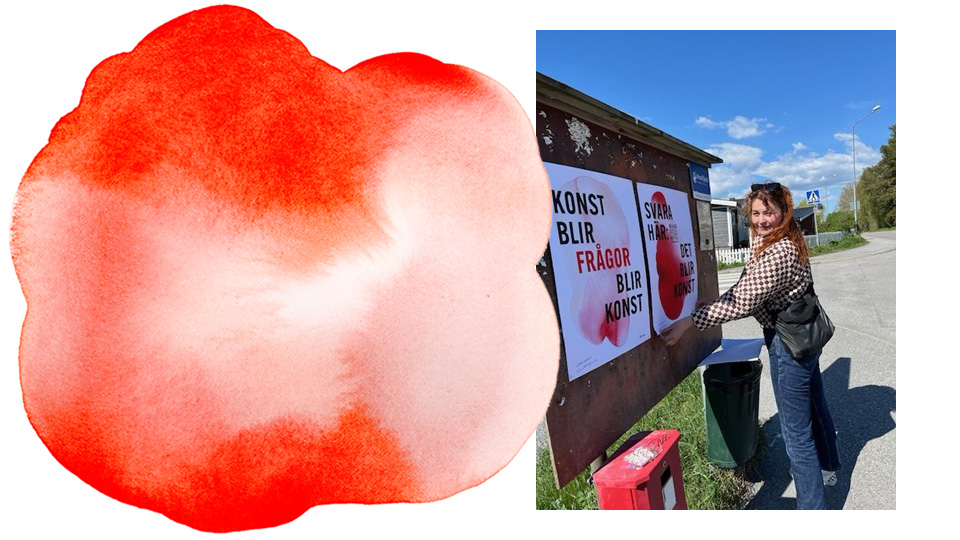 En stor, röd blobb bredvid en bild på en kvinna som affischerar på en anslagstavla.