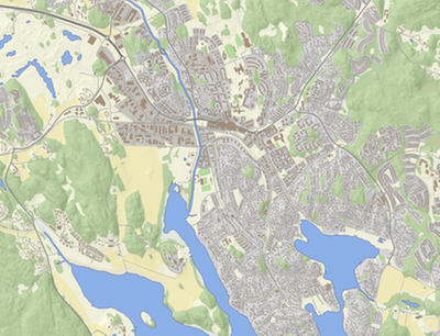 Utsnitt ur Österåkerkartan som visar topografisk karta över ett tätortsområde med vägar, byggnader och grönområden.