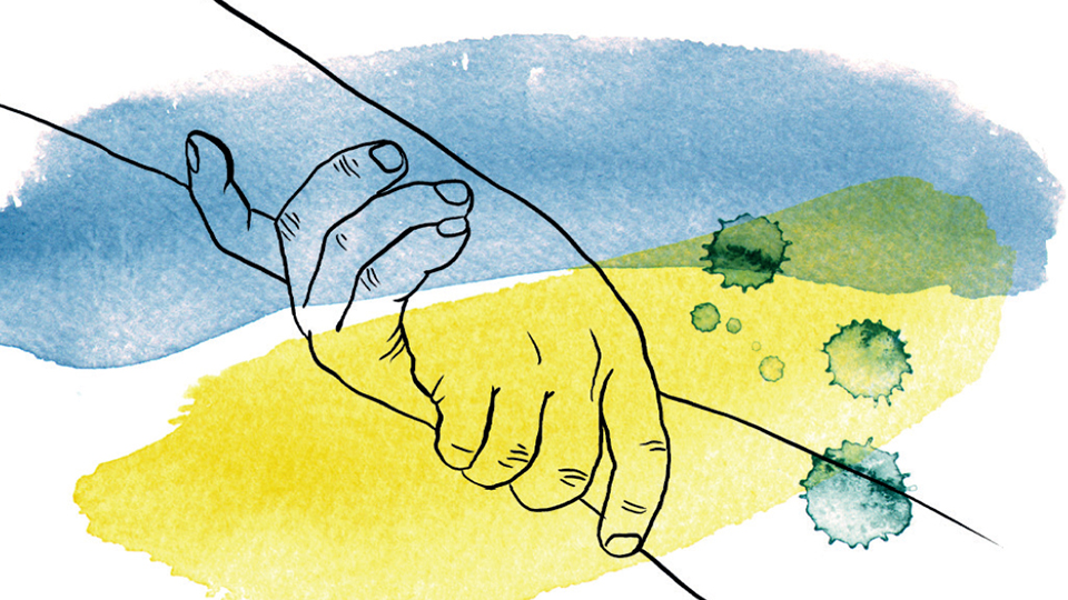 Två tecknade händer håller tag i varandra. Ett gult och ett blått målat streck i bakgrunden.