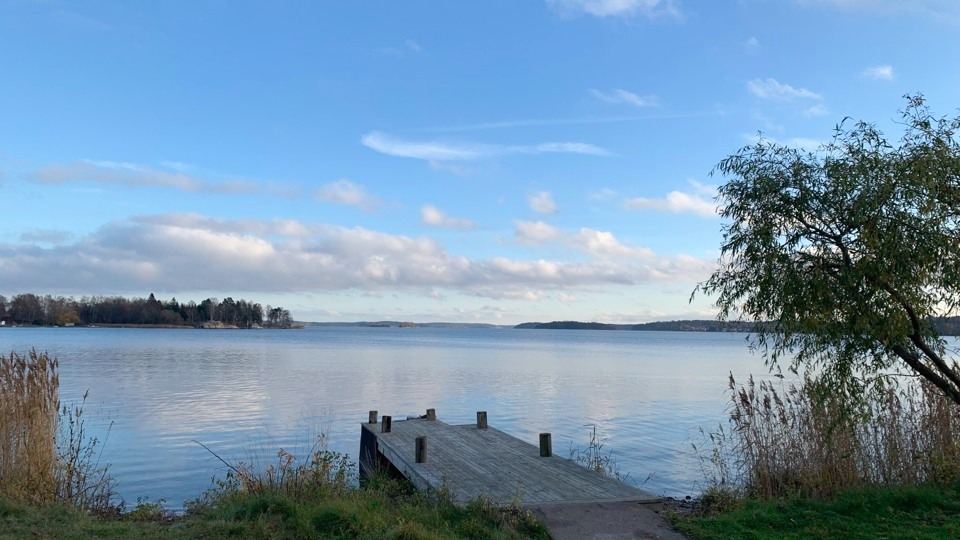 En brygga i förgrunden, stilla hav och en klarblå sommarhimmel.