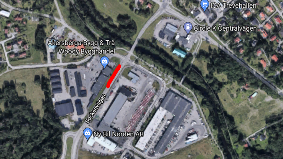 Flygfoto som visar Säbybron och Sockenvägen samt Åkers kanal.