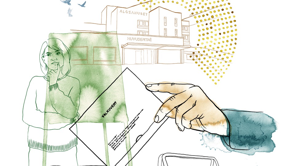 Illustration av bland annat en kvinna som tänker och en hand som stoppar ner ett valkuvert i en låda.