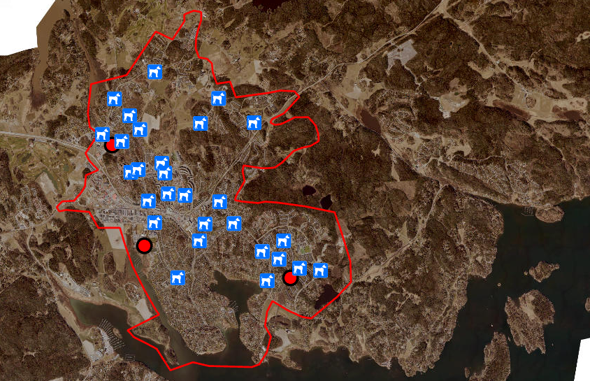 Karta över Åkersberga med närområden. Kartan innehåller symboler med hundar. klicka på bilden för att komma till den interaktiva kartan.