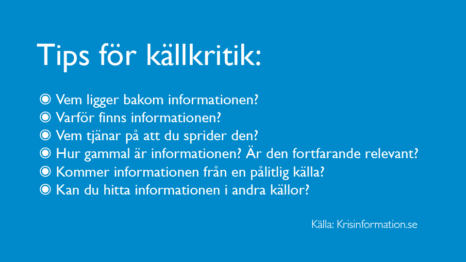 En lista med sju tips för källkritik. det är samma tips som finns i brödtexten i denna nyhet.