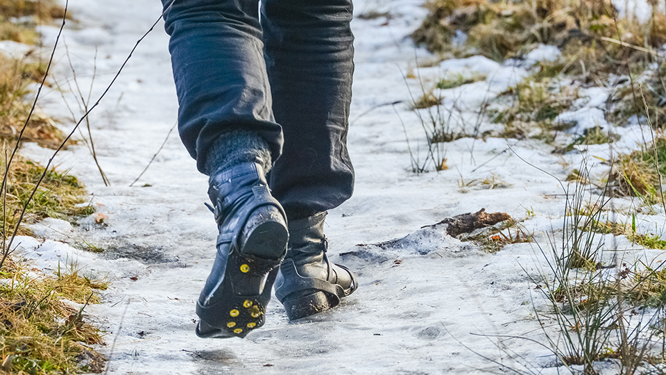 Bilden visar någon som är ute och går på isig stig. Man ser endast benen bakifrån och på skorna syns tydligt broddar. Runtom stigen växer vass.