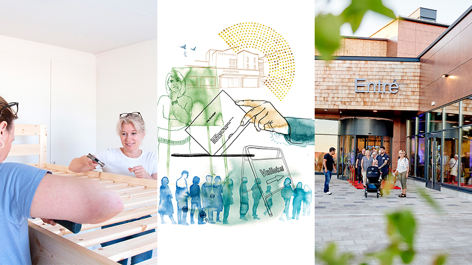 Bilden är uppdelat i tre delar och visar medarbetare från Österåkers kommun snickrar ihop en säng i ett av kommunens boenden för ukrainska krigsflyktingar, illustration om valet 2022 och entrén vid Österåkers nya multiarena som invigdes i augusti 2022.