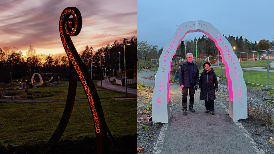 Två bilder i ett collage. Den ena visar en avbildning av fören till en vikingabåt. Dekorerad med lysande runor. På den andra bilden står en man och en kvinna under en lysande portal.