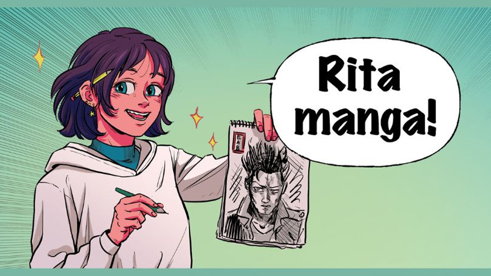 En tecknad bild av en kvinna som håller upp en tecknad bild av en mangafigur.