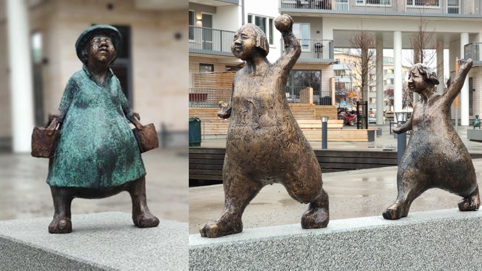 Två foton av två skulpturer i brons. Den ena är en stadig dam som bär vatten i hinkar. Den andra är av två runda flickfigurer som ser ut att rusa fram med varsin arm högt i luften.