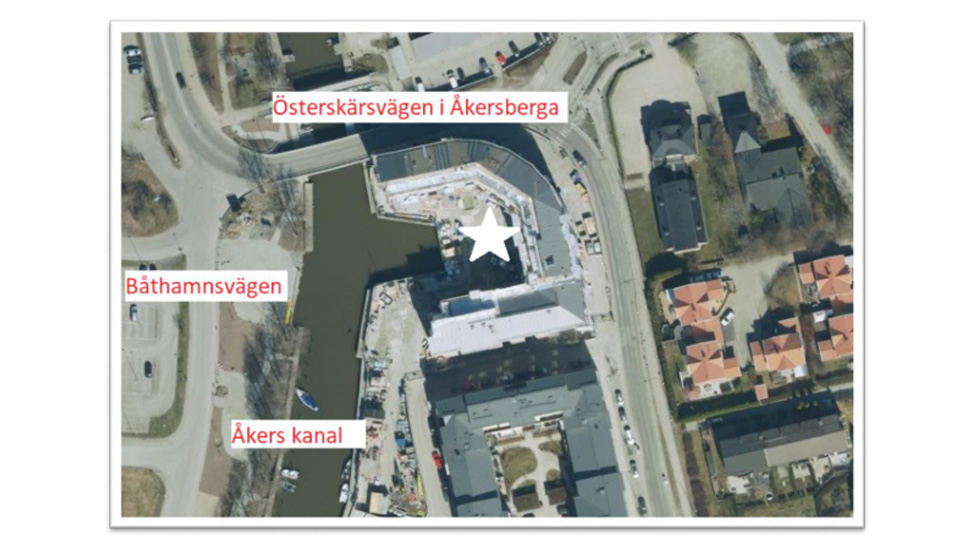 En kartbild med Åkers kanal och konstverket "Restless" markerat.