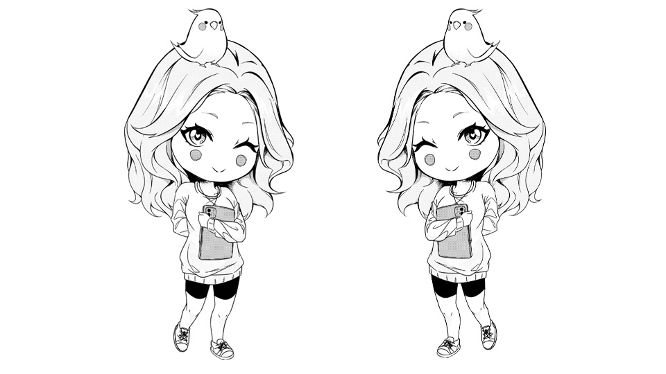 En linjeteckning i mangastil av en flicka med en fågel på huvudet. Bilden är duplicerad.