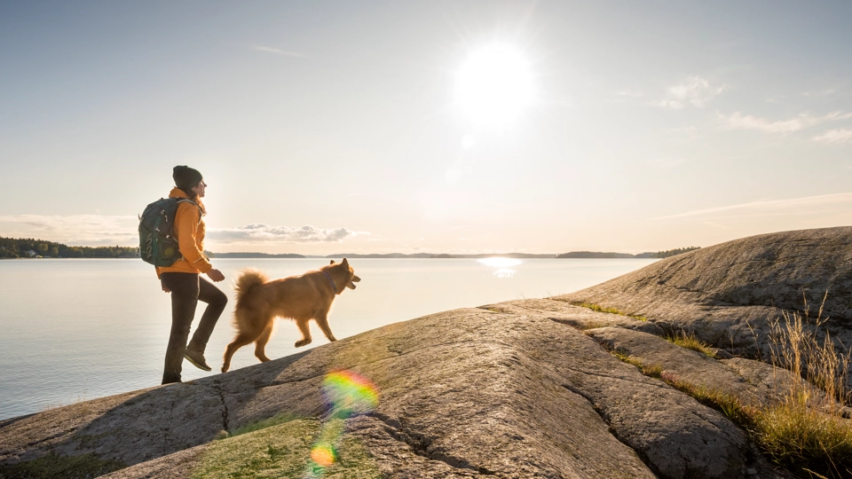 En person i friluftskläder går på en klippa vid havet. Himlen är klarblå och solen skiner. Personen går med en hund.