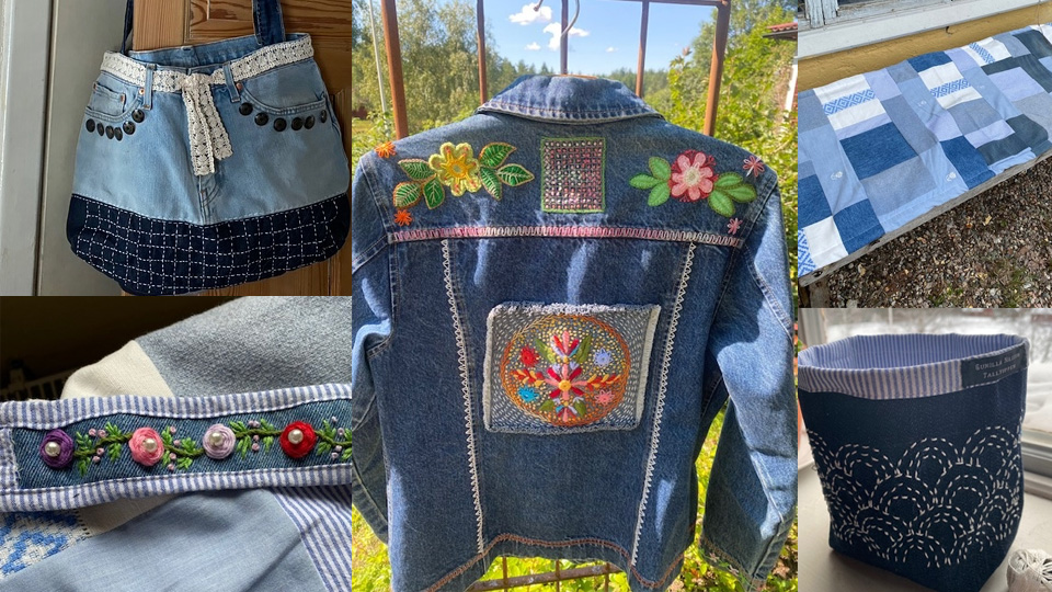 Ett collage av bilder på plagg som tillverkats av gamla jeans. Det är väskor, filtar, jackor och broderier.
