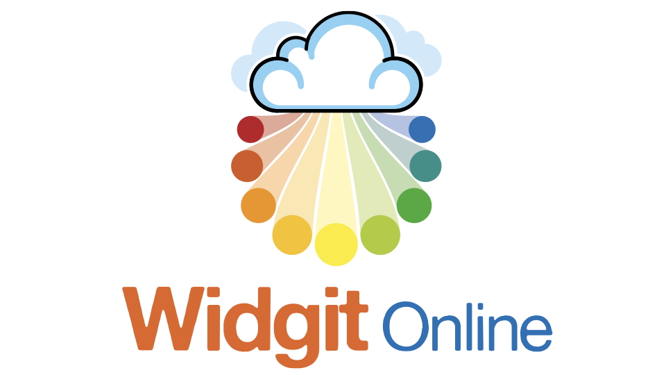 Widgit onlines logga. Ett vitt moln där det kommer ut en regnbåge under samt texten widgit i orange och online i blått.