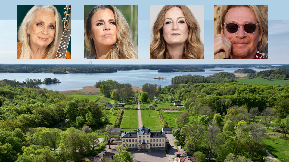 En drönarbild över slottsparken på Östanå slott. Inklippta finns fyra porträttbilder på de medverkande artisterna; tre kvinnor och en man.
