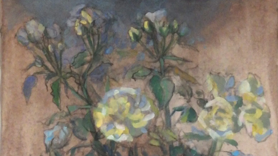 En akvarell som föreställer ett fång blommor.