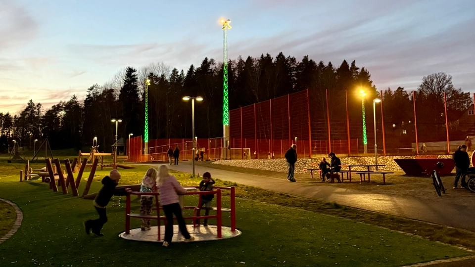 Barn som leker i en stor park. Det är kväll, men belysningen är god.