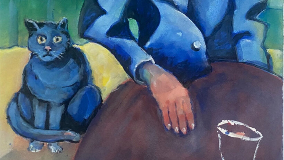 En oljemålning med en katt som sitter i en soffa. Bredvid anas en person men bilden är beskuren.