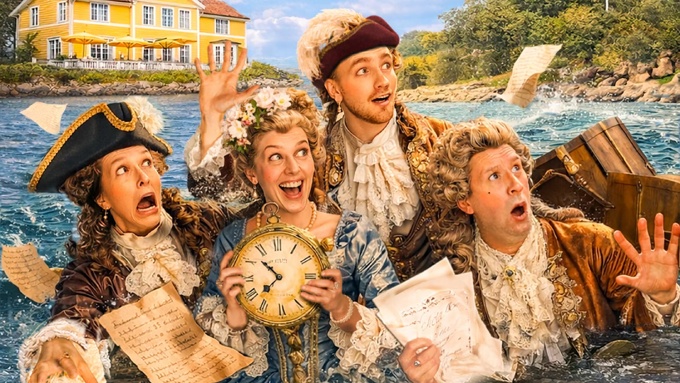 En AI-genererad bild. Fyra personer i kostymer från 1700-talet.