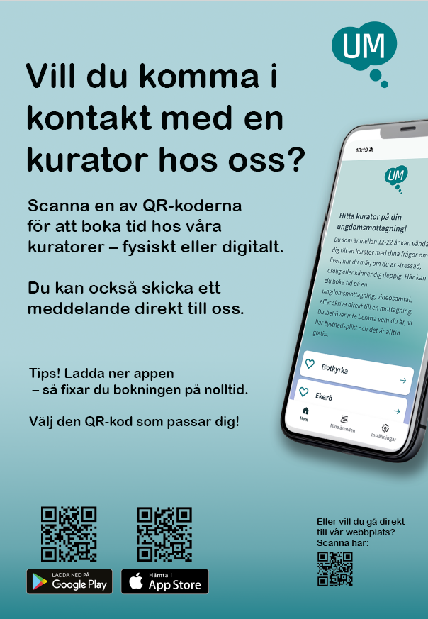 Vill du komma i kontakt med en kurator hos oss? Boka tid via ungdomsmottagningens app. Länk under bilden.