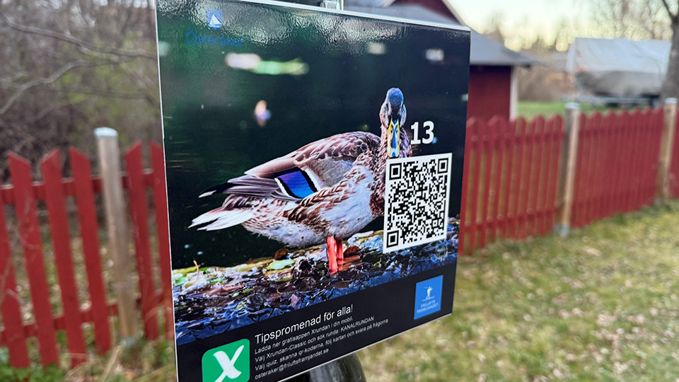 En skylt med en gräsand och en qr-kod och texten Tipsrunda