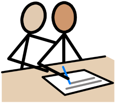 Två tecknade personer bredvid varandra vid ett bord