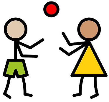 Två tecknade personer om kastar en boll mellan sig.