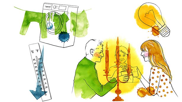 Illustration som visar en familj som sitter tillsammans vid levande ljus, en tvättmaskin med tvätt som hänger på tork bakom, en glödlampa, en termometer med en pil som pekar neråt