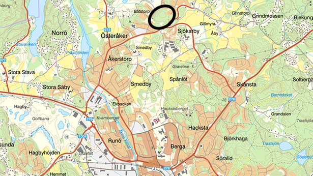 Kartbild över Åkersberga med markering över planområdet