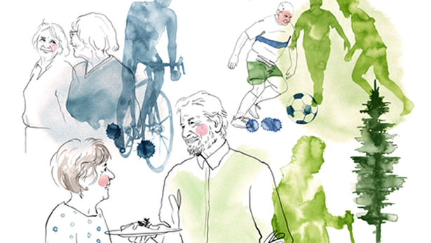 En illustration i akvarellstil med äldre personer som cyklar, umgås, spelar fotboll, fikar och är ute i naturen.