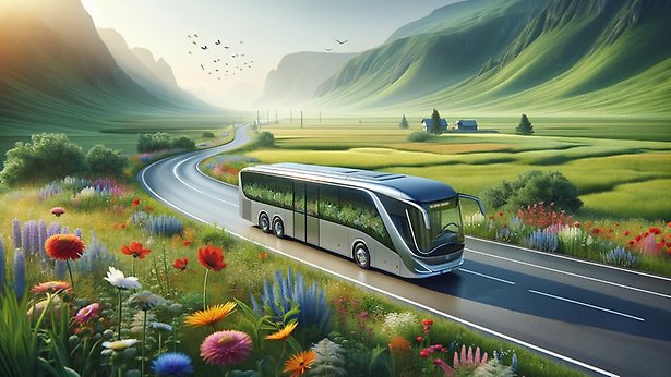 En AI generad bild med en buss som kör mellan bergen på en stor väg. 
