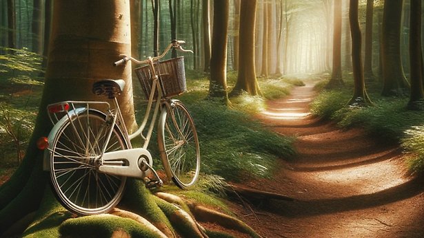 En AI genererad bild på en cykel som står lutad mot ett träd i en skog med vackert motljus och en stig som vätter mot ljuset. 