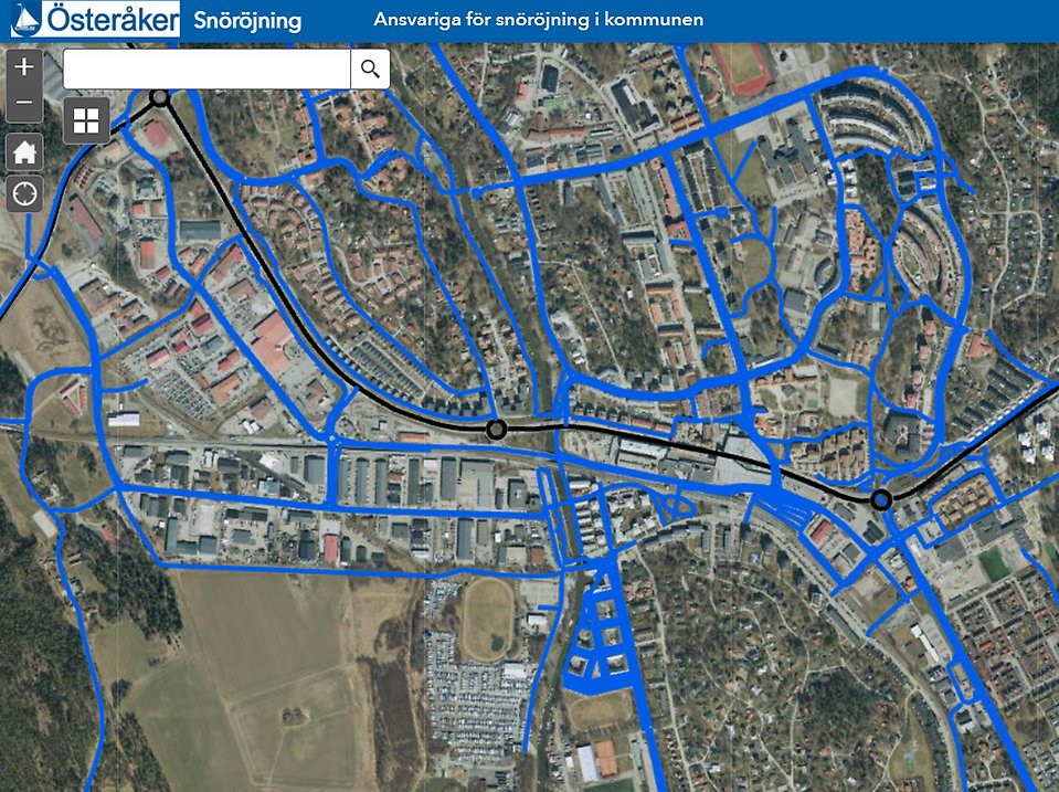 Karta som visar vägar som kommunen snöröjer och sandar