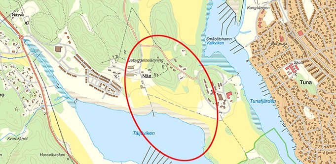 Karta över Täljöviken med markering över planområdet