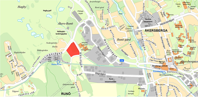 Karta över Åkersberga/Runö med markering över byggarbetsplatsens område