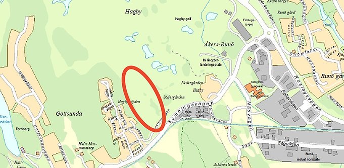 Karta över Gottsunda/Åkers Runö med markering över planområdet