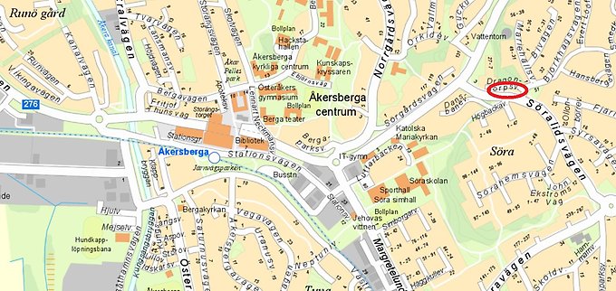 Bild Karta över Åkersberga/Söra med markering över planområdet