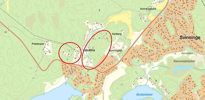 Karta över Svinninge med markering över planområdet