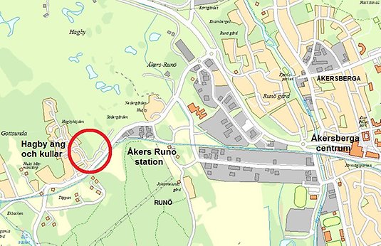 Översiktskarta över Hagby äng och kulle med markering över markanvisningsområdet