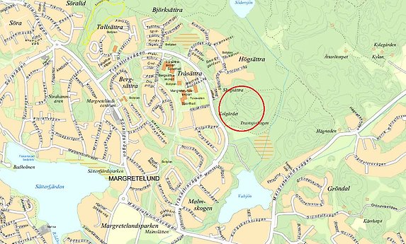 Bild karta över Margretelund med markering över område för markanvisning