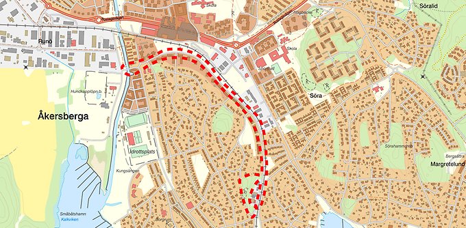 Karta över Åkersberga med markering över planområdet 