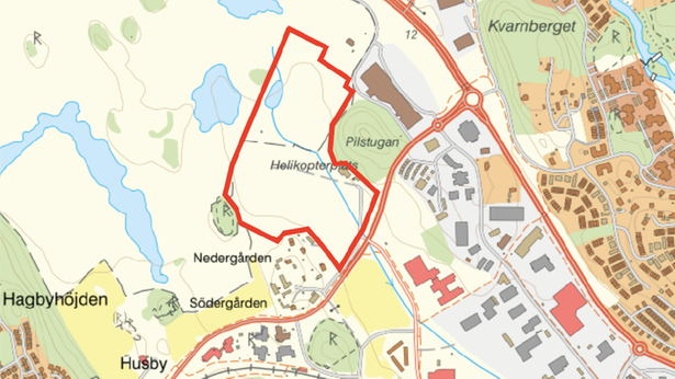 Karta med markering över planområdet, linjen visar preliminär utbredning av planområdet