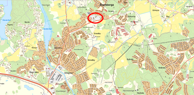 Bild Karta över Åkersberga med markering över planområdet 