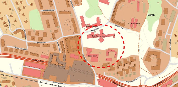 Bilder över centrala Åkersberga med markering över planområdet