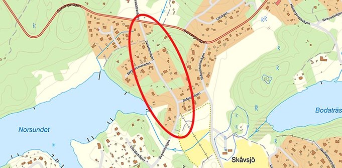 Karta över Svinninge med markering över planområdet