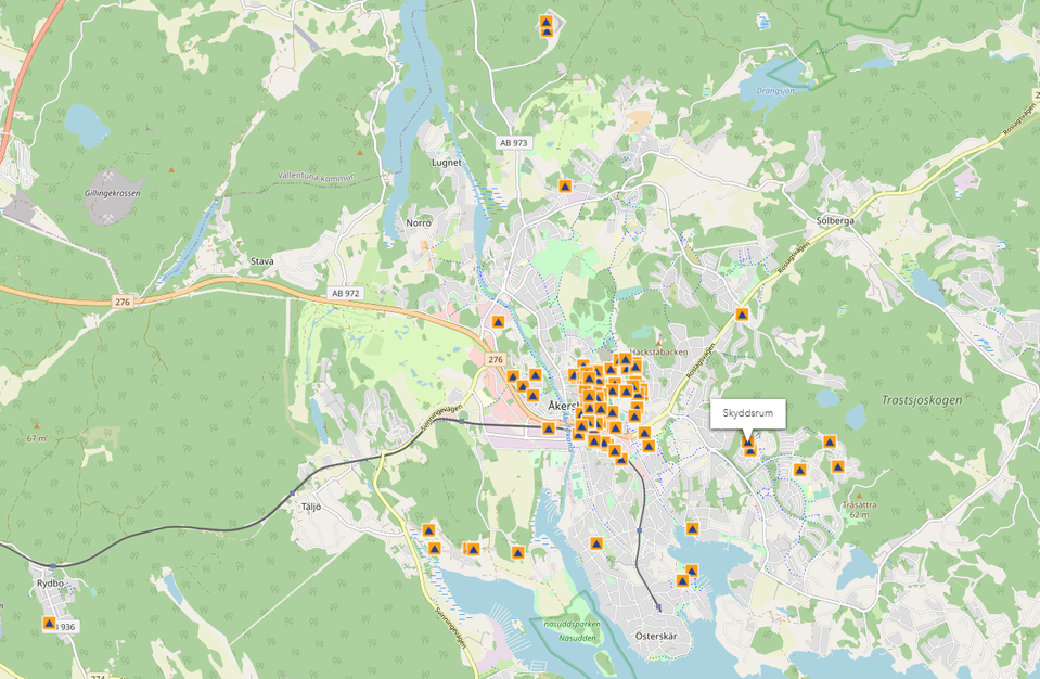 Karta som visar en översikt av var skyddsrum finns. Bilden är länkad till MSB:s skyddsrumskarta.